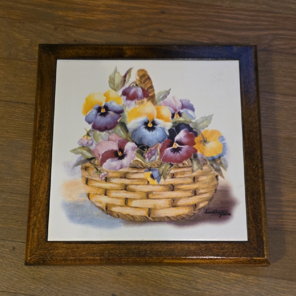 Colorful Floral Basket Tile Trivet With Wood Frame- 9 1/2 X 9 1/2. Vintage